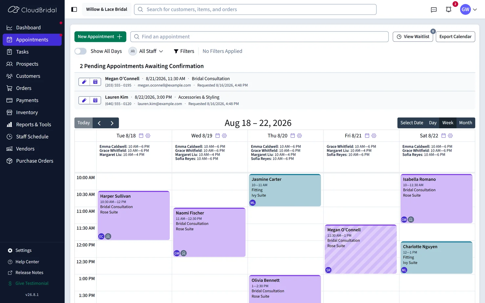 The confirmed appointment on the boutique's week calendar, color-coded across rooms and stylists