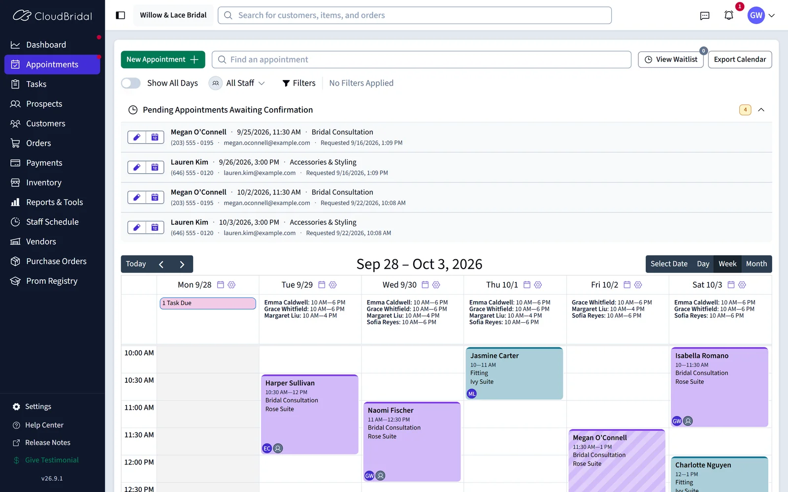 The confirmed appointment on the boutique’s week calendar, color-coded across rooms and stylists