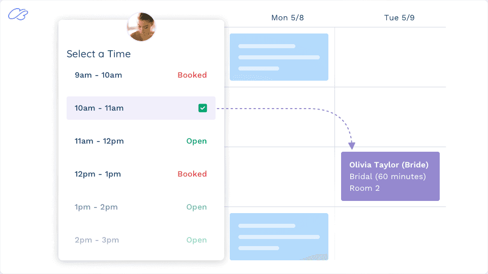 The CloudBridal appointment calendar showing a full day of bridal appointments