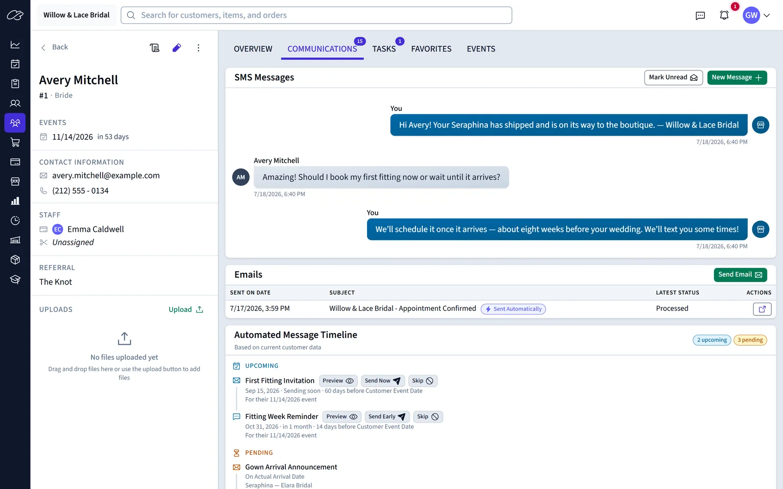 A customer’s communications tab: a two-way SMS thread, sent emails, and the automated message timeline in one place