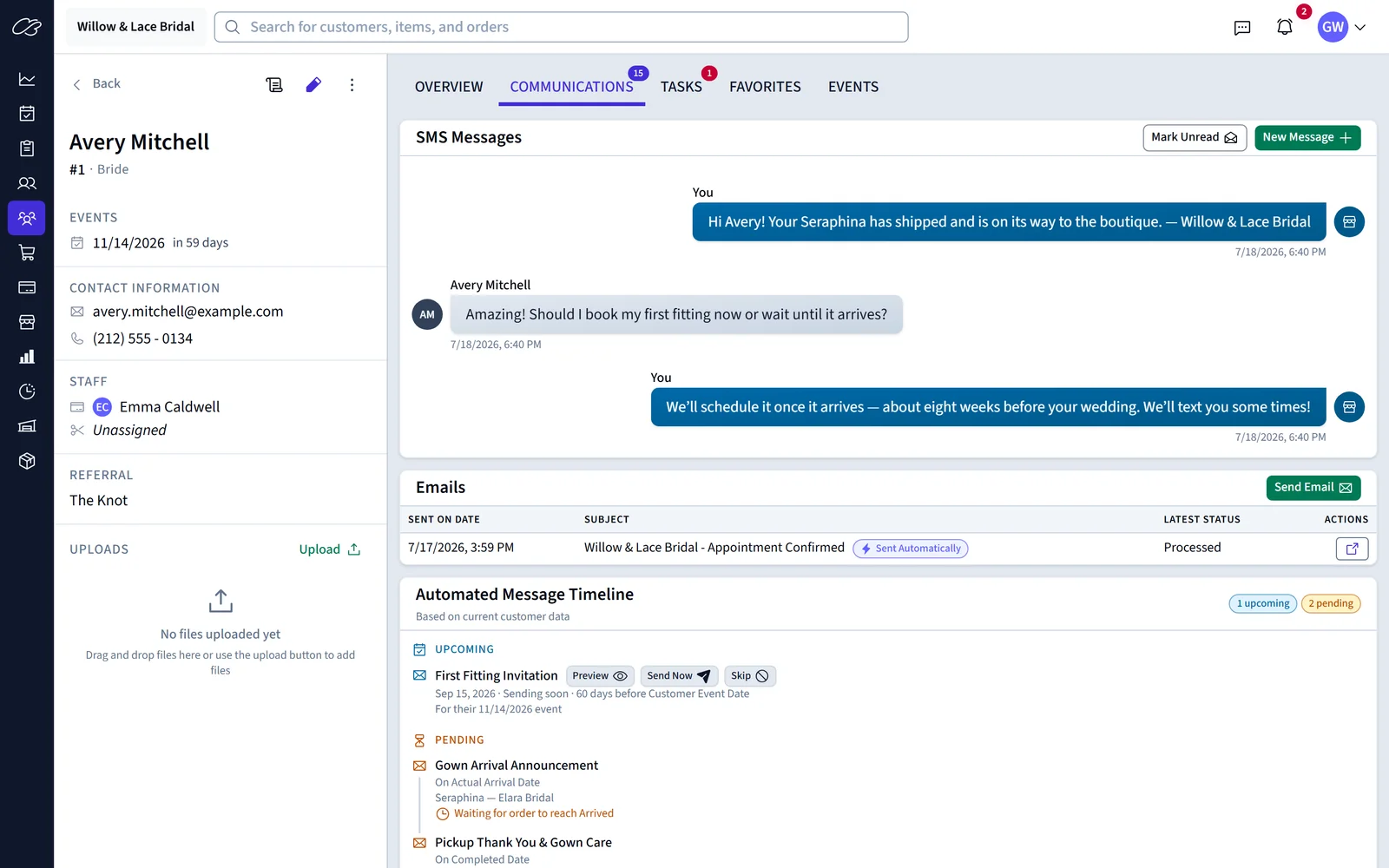 A customer's communications tab: two-way SMS thread, sent emails, and the automated message timeline