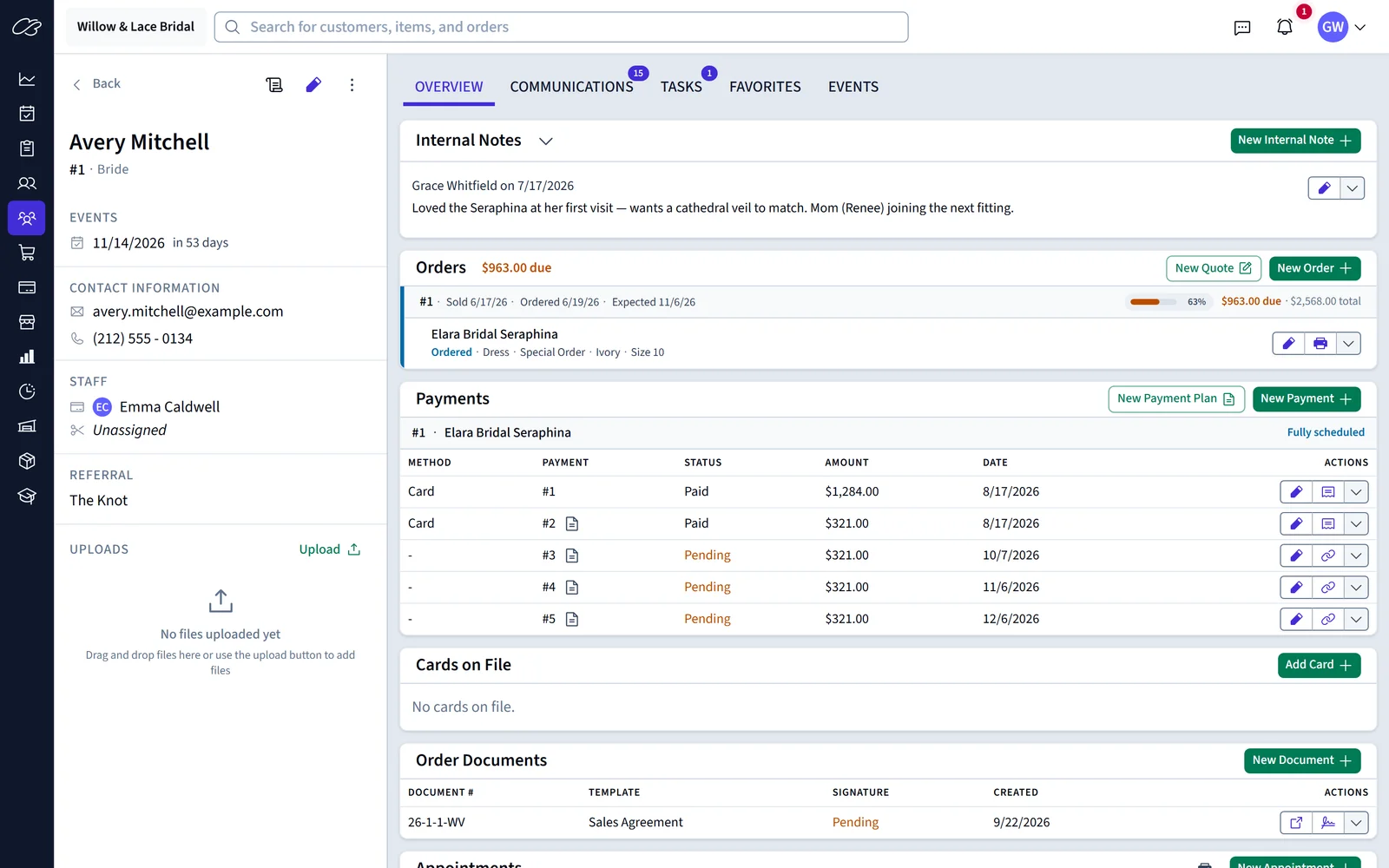 A customer profile with her order, payment plan, notes, and upcoming fitting on one screen