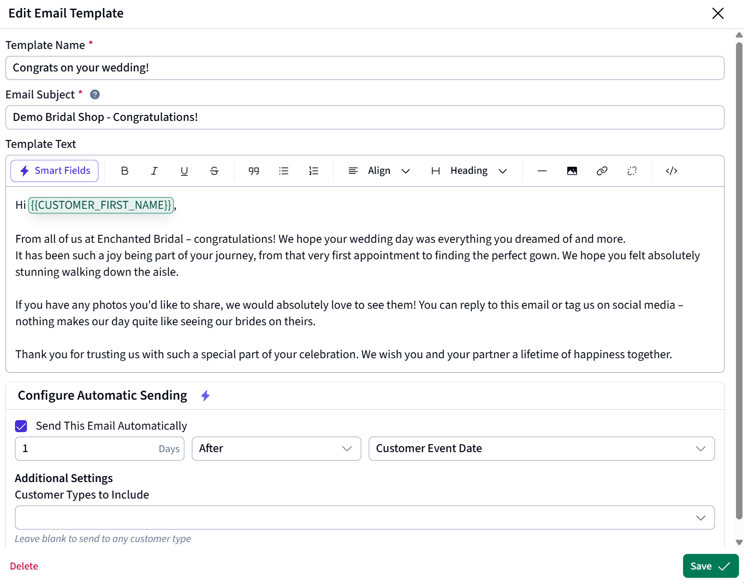 Configuring an automated email trigger in CloudBridal