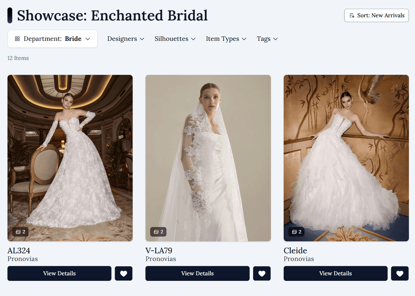 A public inventory showcase displaying a curated gown collection