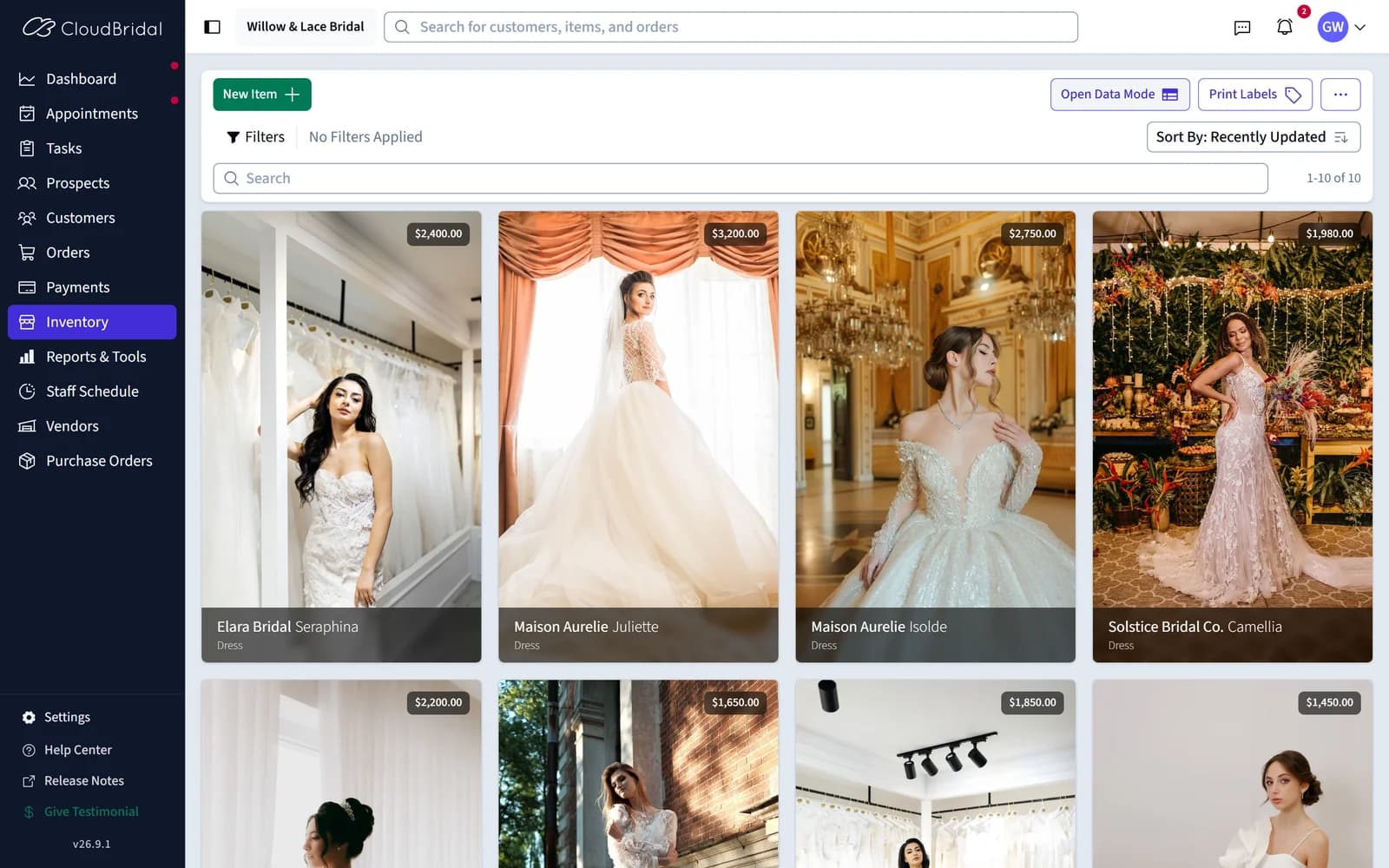 CloudBridal inventory in visual mode: a grid of wedding gowns and veils with photos, designers, and prices