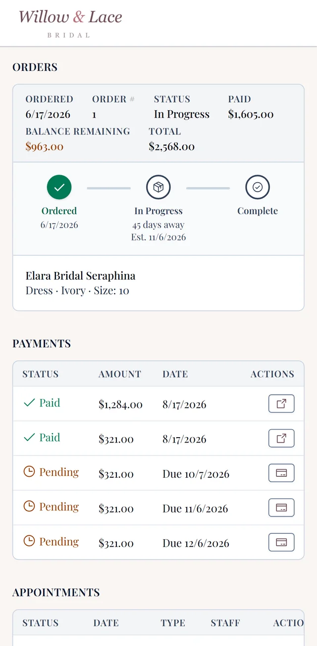 A bride’s order in the portal on her phone: ordered, the estimated arrival date, and her payment schedule below