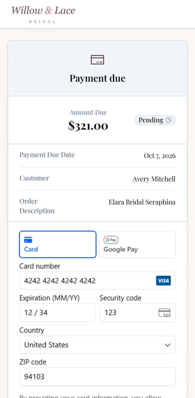Paying the next installment from the portal on her phone: the amount due, its date, and a secure card form