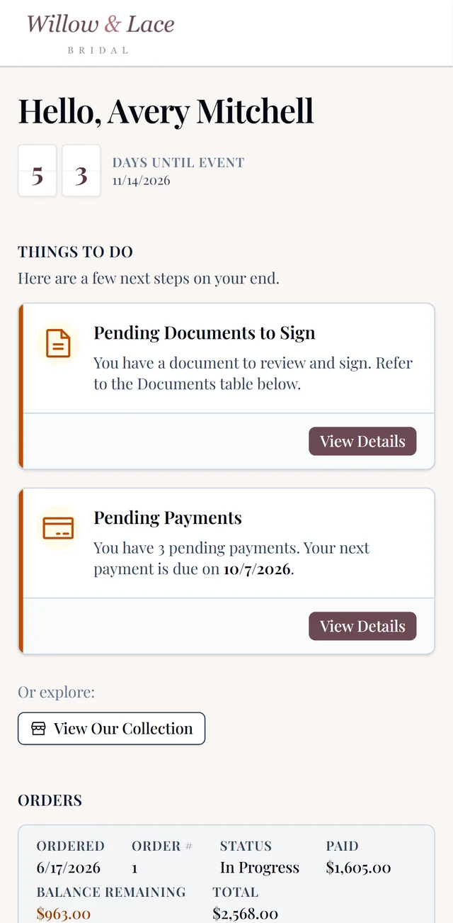 The same order and pending payments in the mobile portal