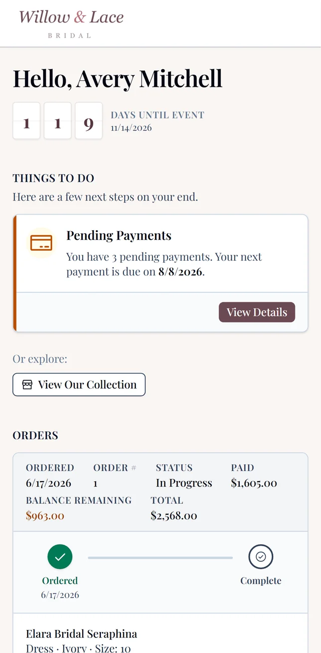 The same portal on her phone: countdown, payment reminders, and order progress