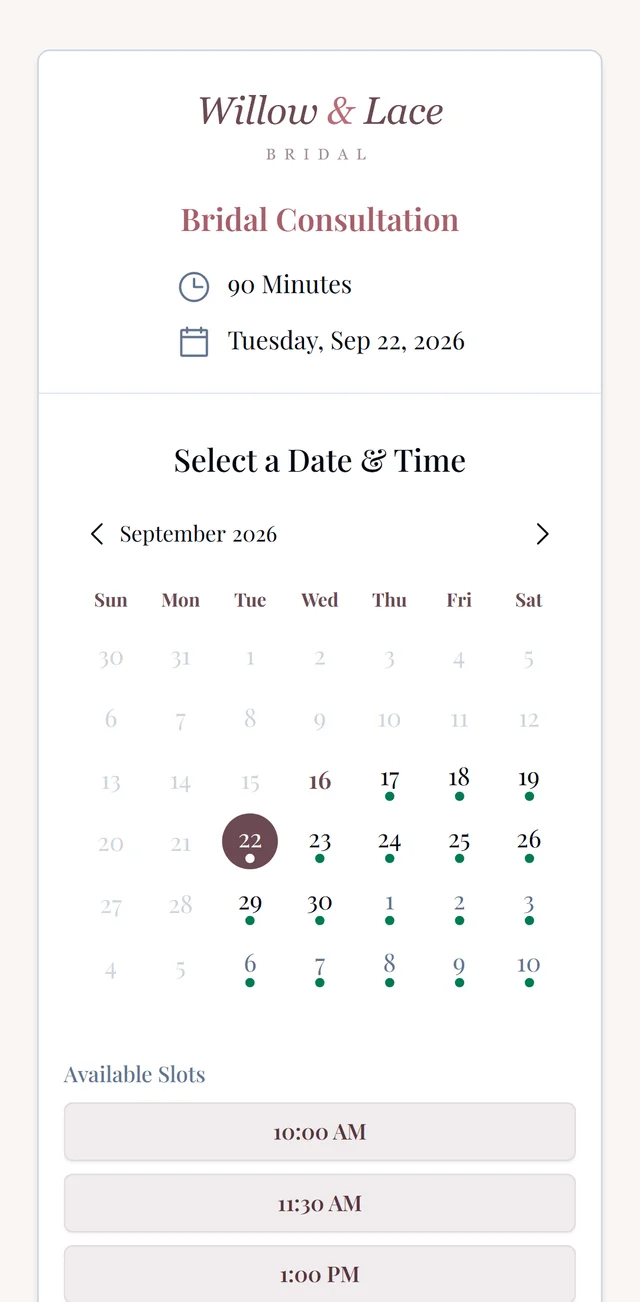 A bride booking on her phone: the branded public booking page with a date and time picker