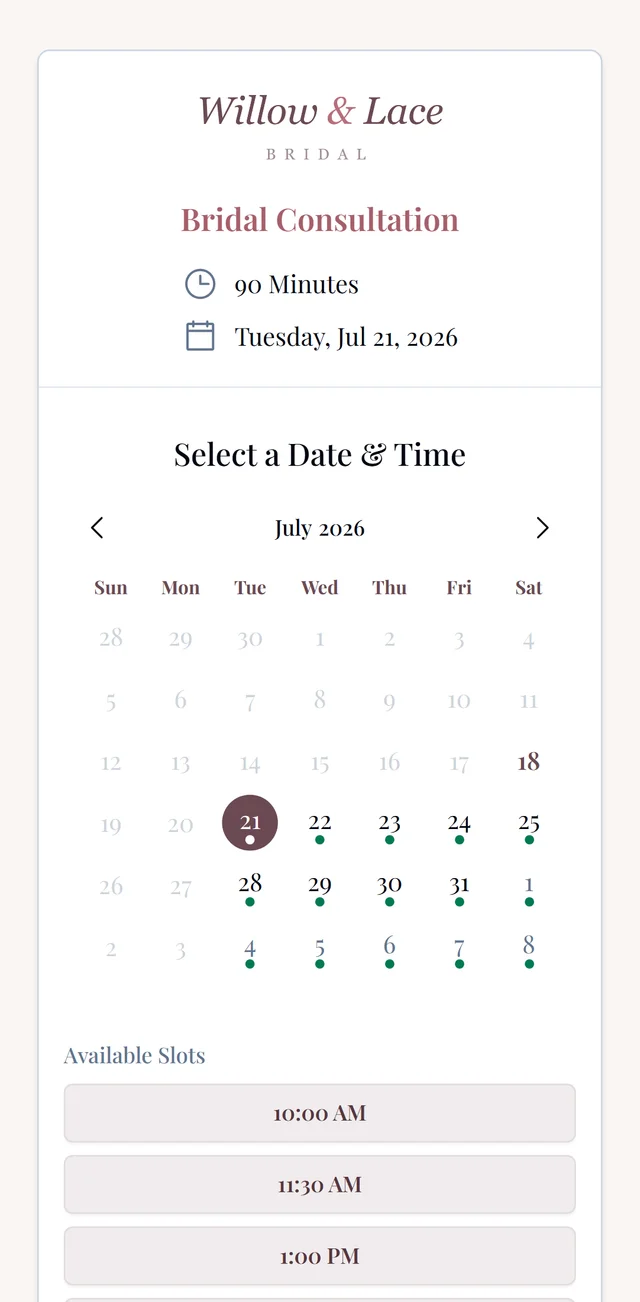 The next booking step on a phone: picking a date and time from live availability