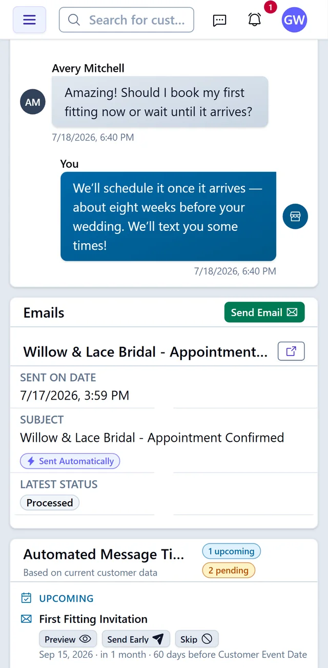 A two-way SMS conversation with a bride on her record — texts, emails, and automated messages in one place