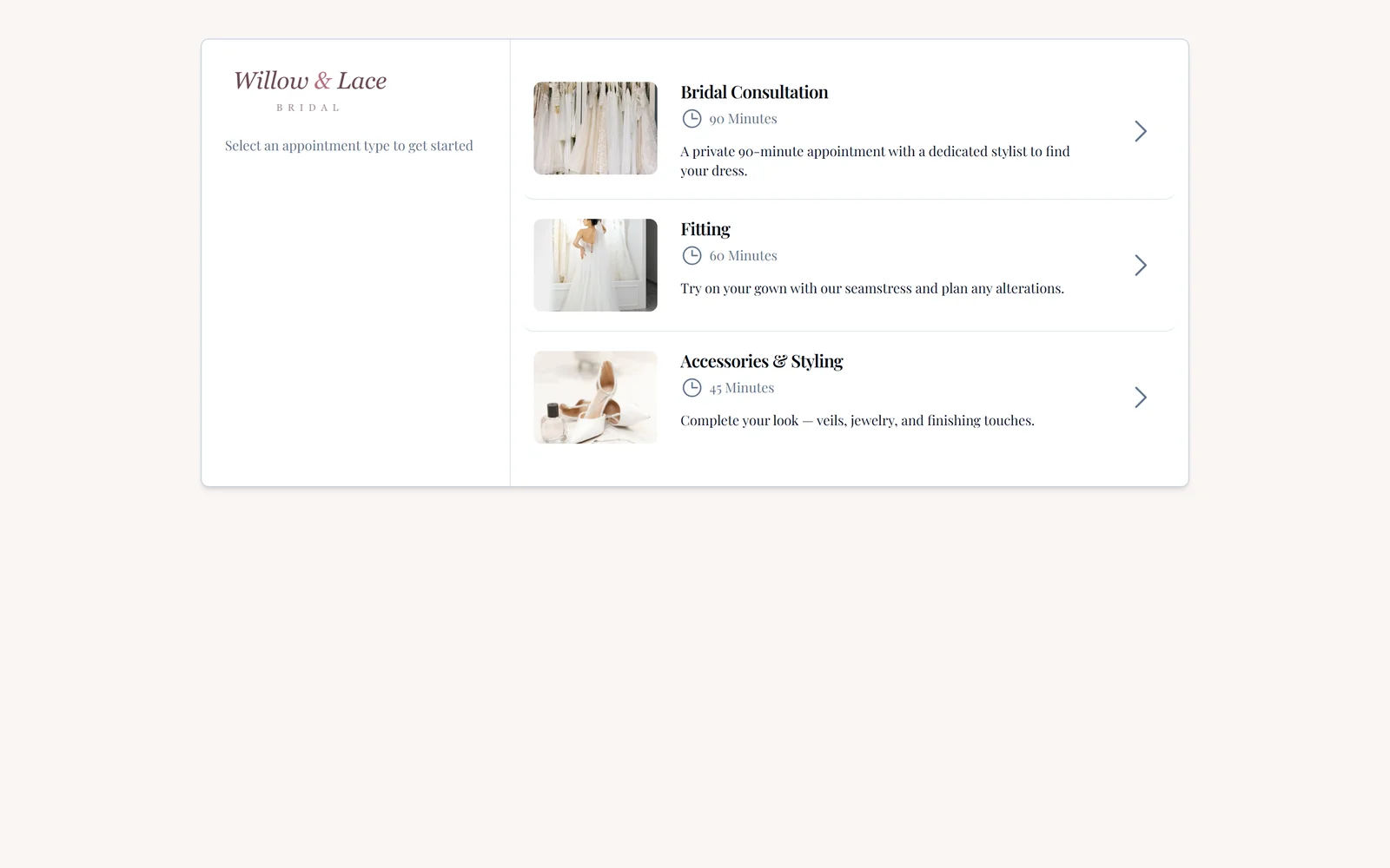 A branded public booking page with photo cards for each appointment type