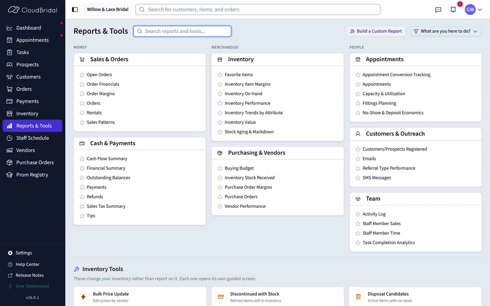 The Reports & Tools catalog grouped into money, merchandise, and people