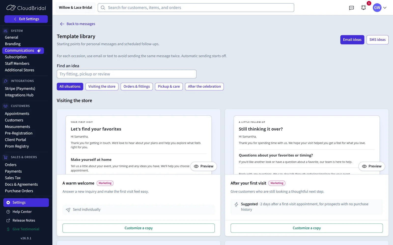 Screenshot for article CloudBridal v26.9.1: A Communications Workspace, Email Designs, and Recurring Tasks