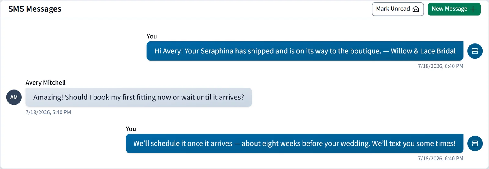 A two-way SMS conversation with the bride on the same record
