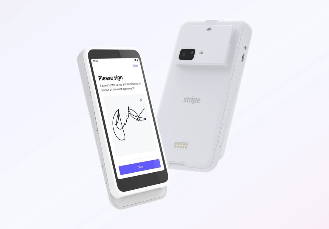 Stripe Reader S710 showing a customer signature on its screen