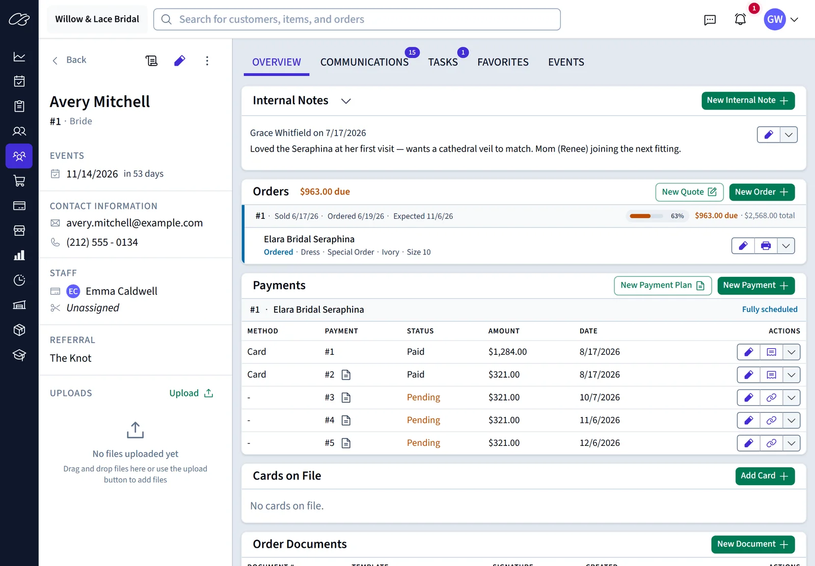 A customer record connecting gown orders, notes, scheduled payments, and appointments