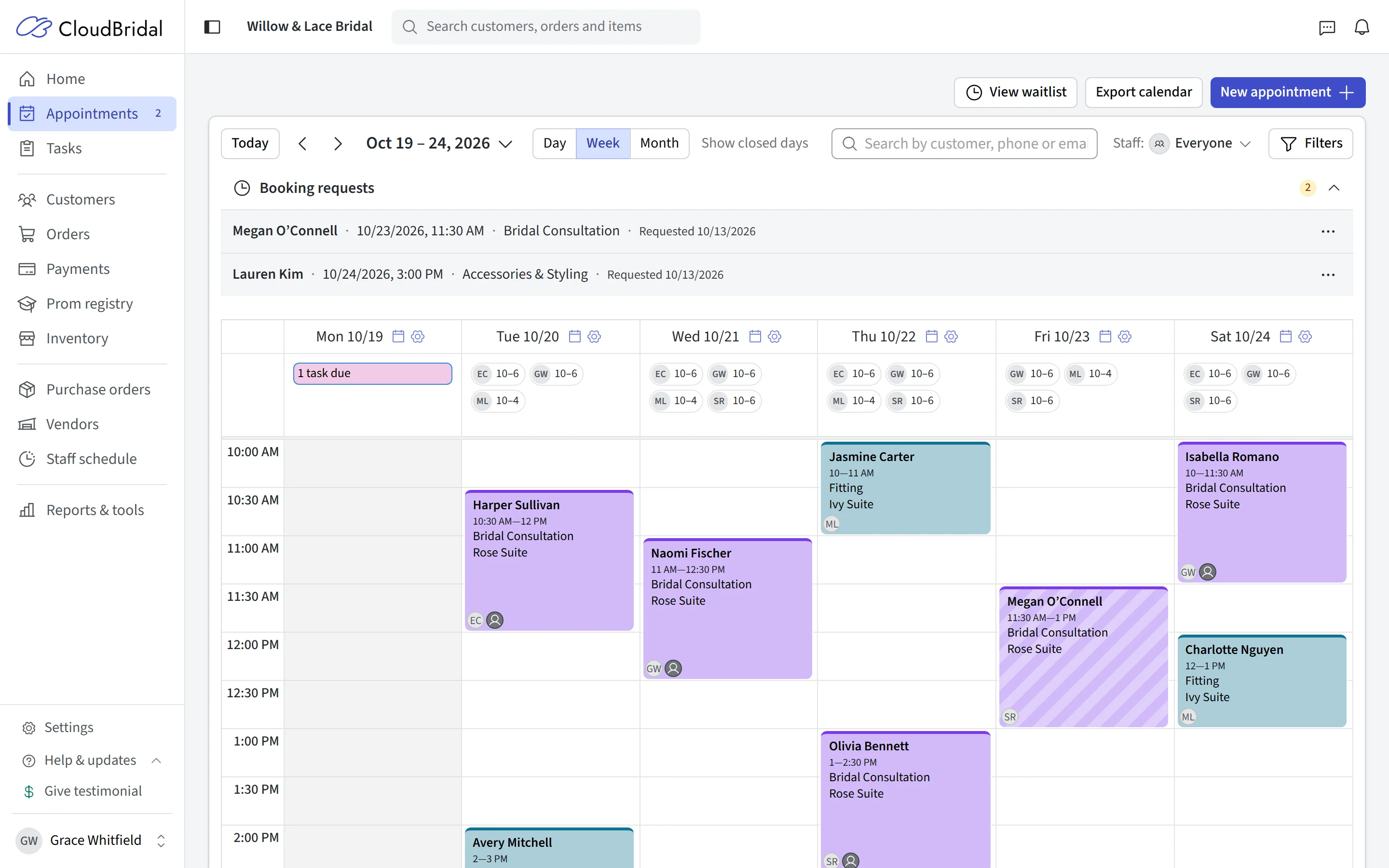 The confirmed appointment on the boutique’s week calendar, color-coded across rooms and stylists