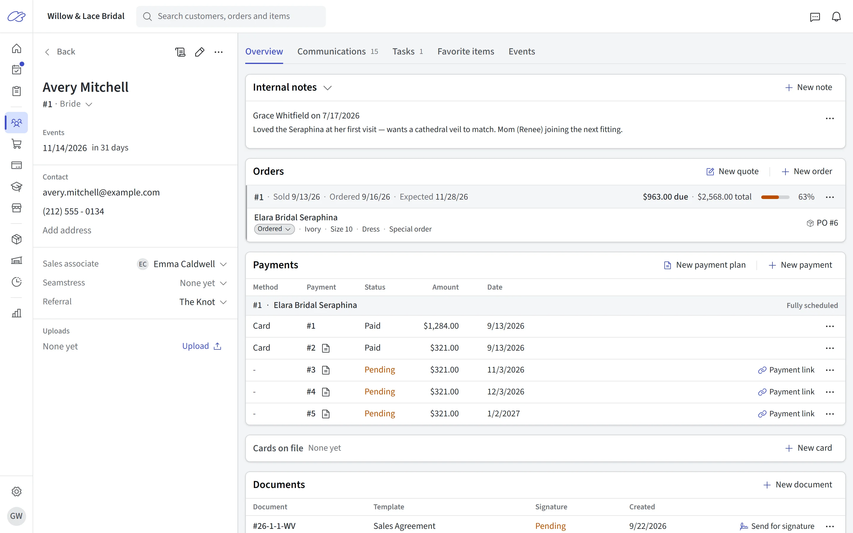A customer profile with her order, payment plan, notes, and upcoming fitting on one screen