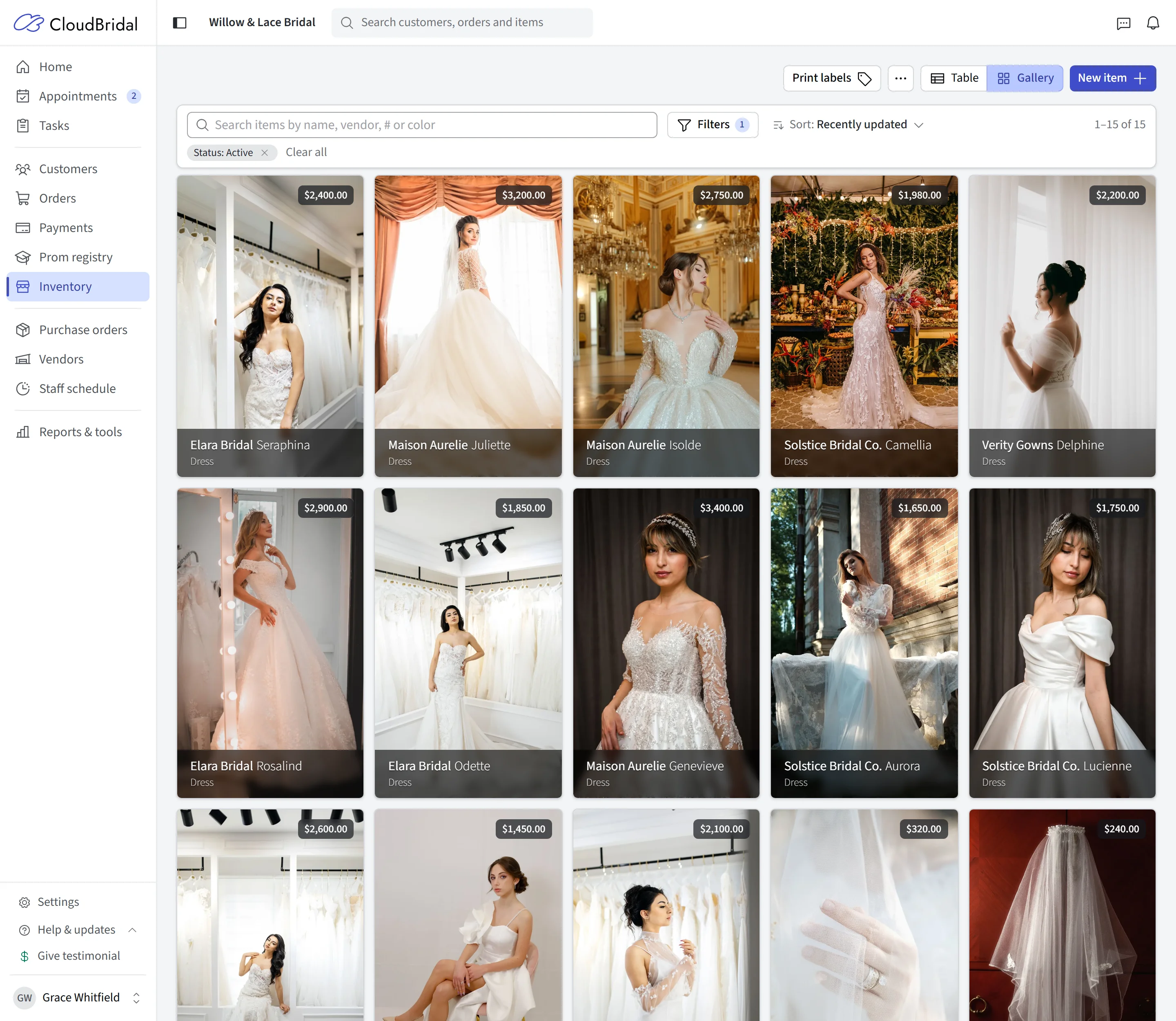 CloudBridal inventory in visual mode: a grid of wedding gowns and veils with photos, designers, and prices