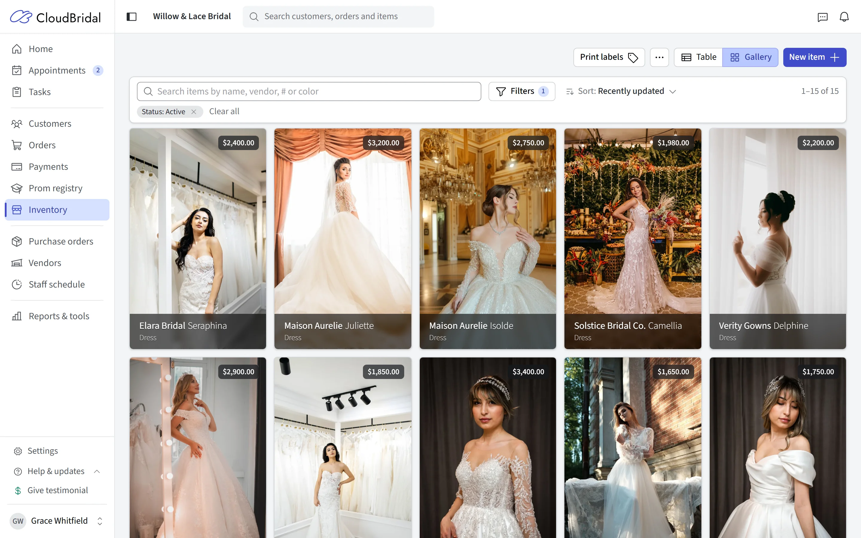 Visual inventory mode: a grid of gowns and veils with photos, designers, and prices