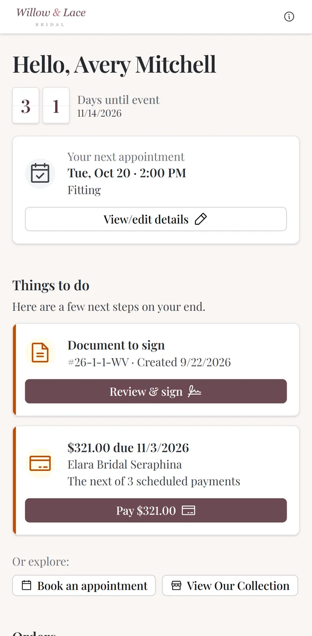 The same order and pending payments in the mobile portal