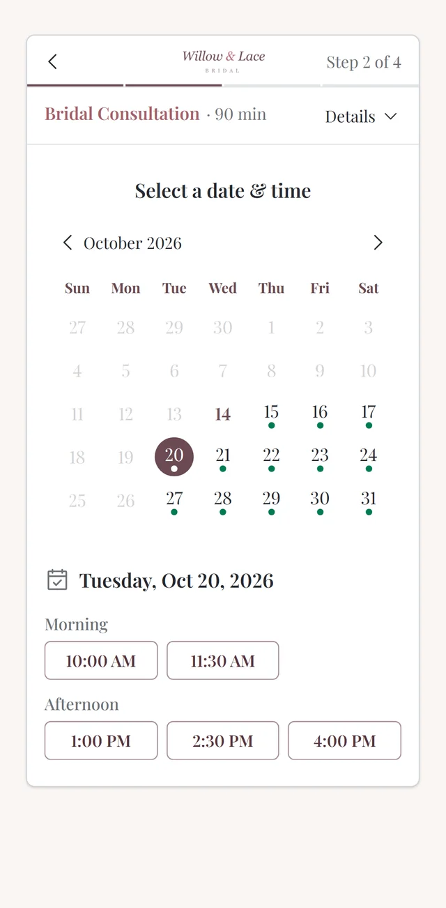 A bride booking on her phone: the branded public booking page with a date and time picker