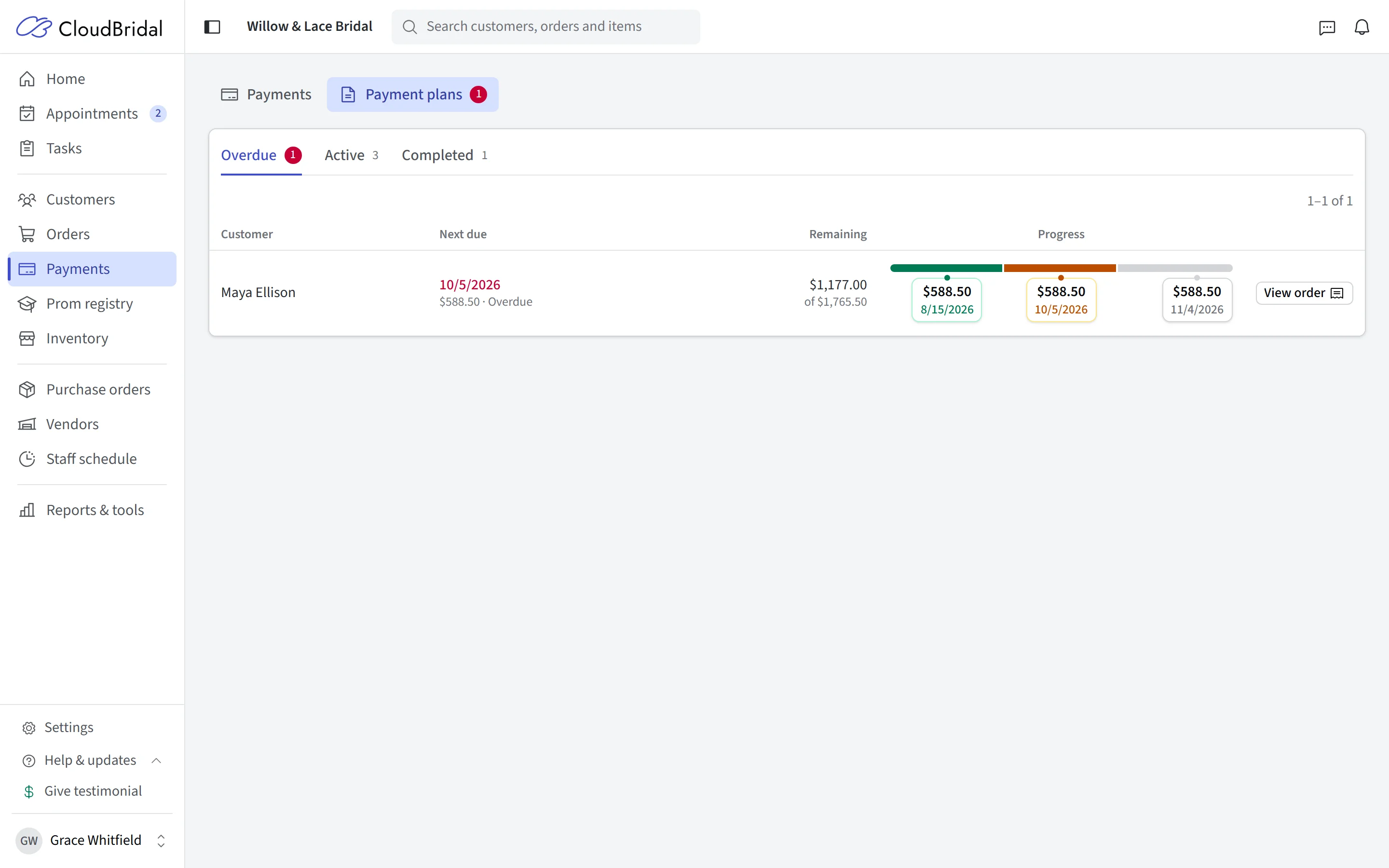 Payment plans with overdue, paid, and upcoming installments visible together