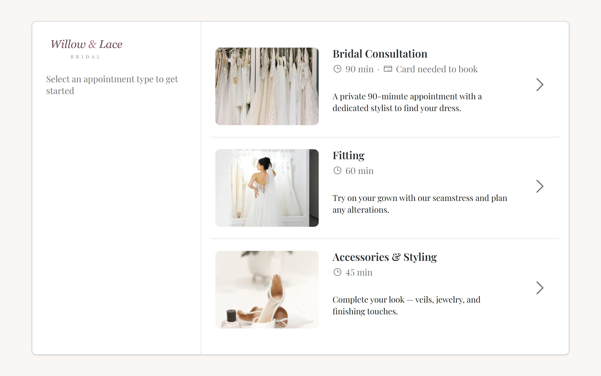 CloudBridal public booking page for a bridal boutique, with the boutique logo, brand colors, and photo cards for each appointment type