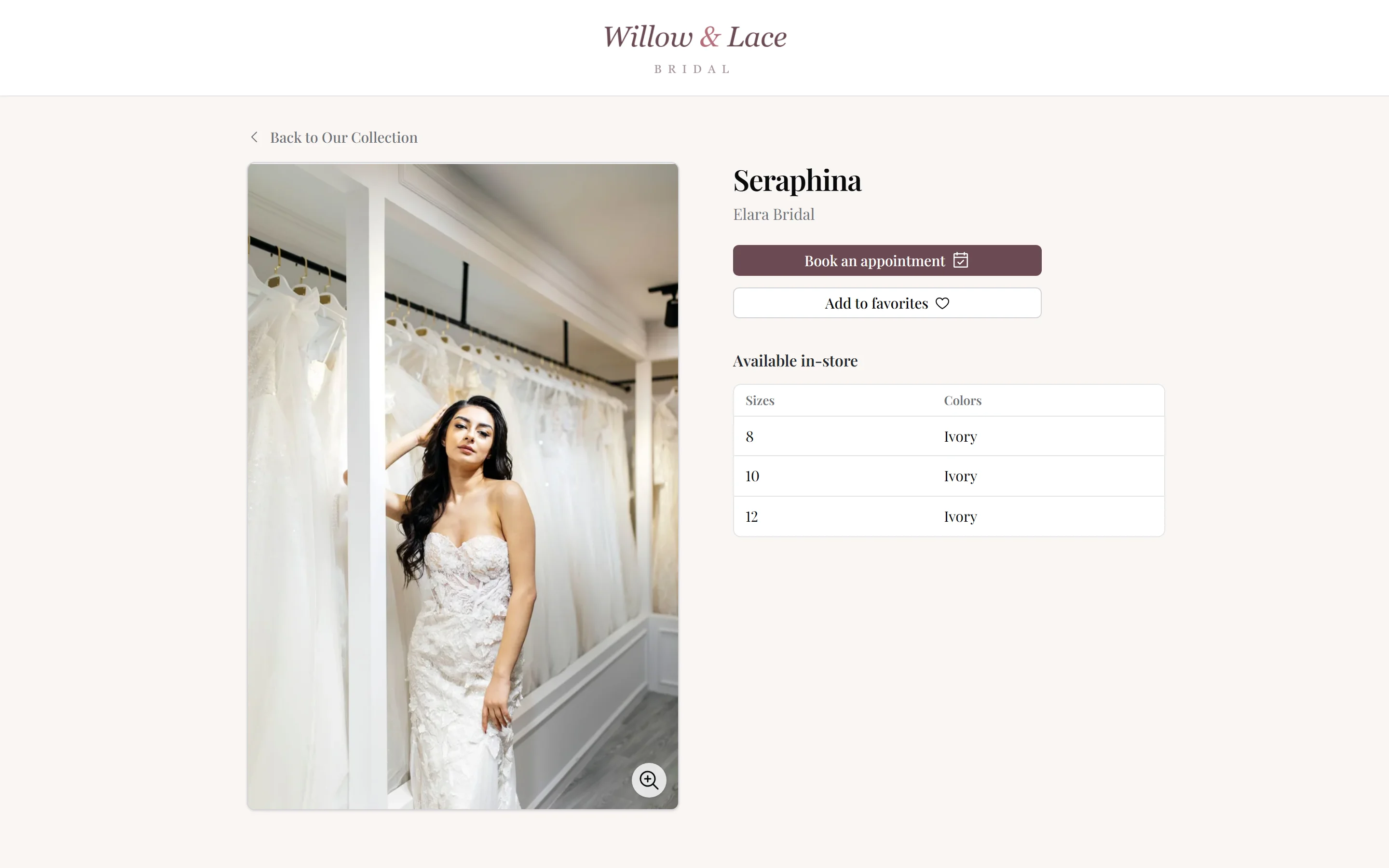 A showcase product page for a gown, branded to the boutique, with a favorite button