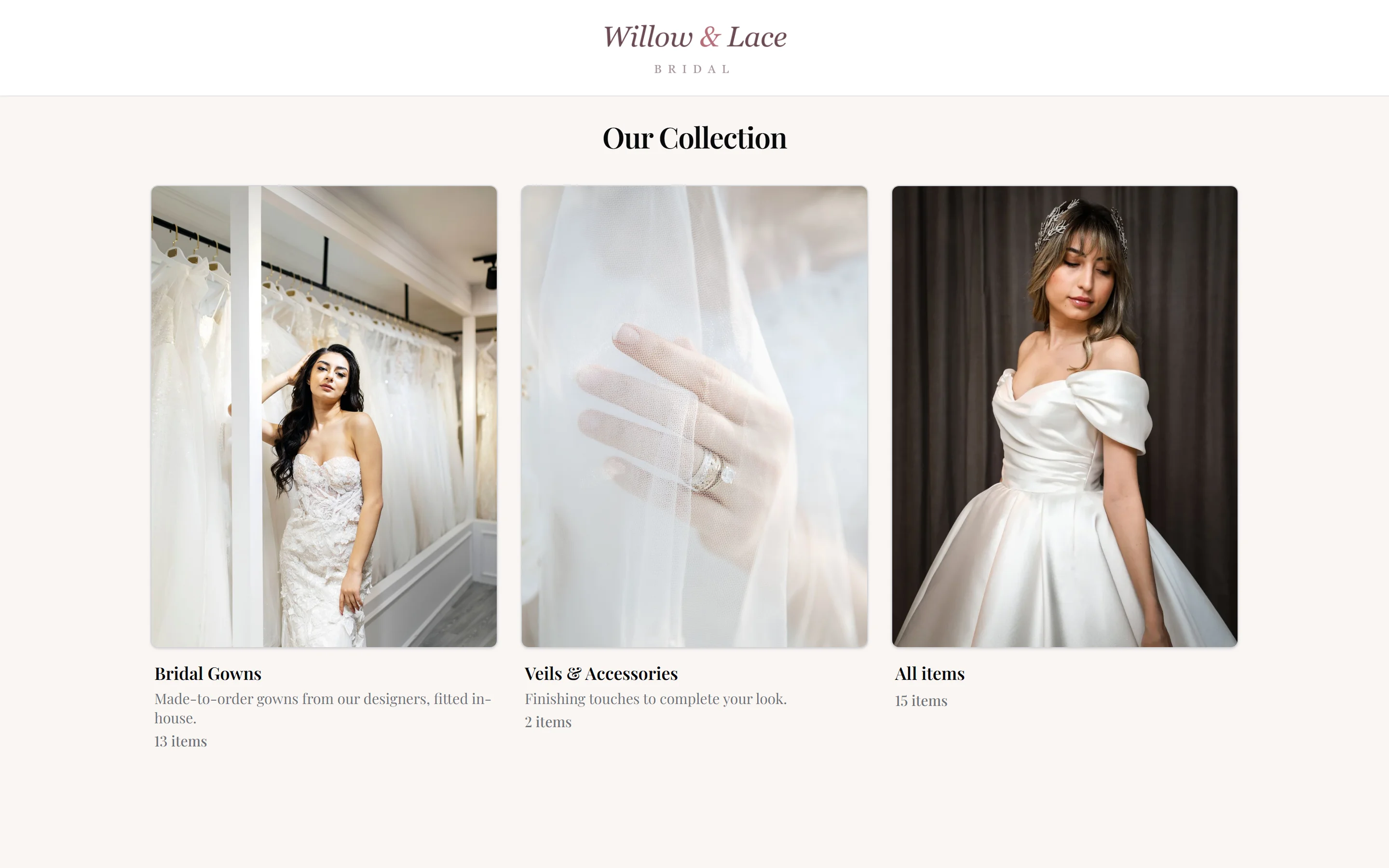A boutique’s online showcase with curated gown collections