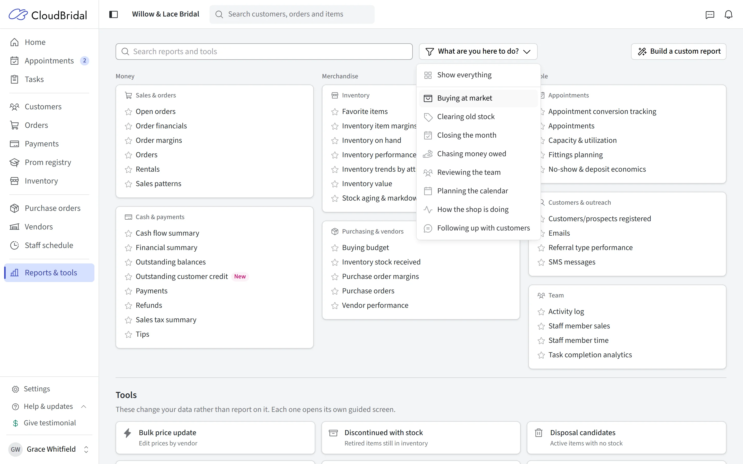 The CloudBridal Reports & Tools page with the “What are you here to do?” menu open, listing jobs such as Buying at market and Closing the month