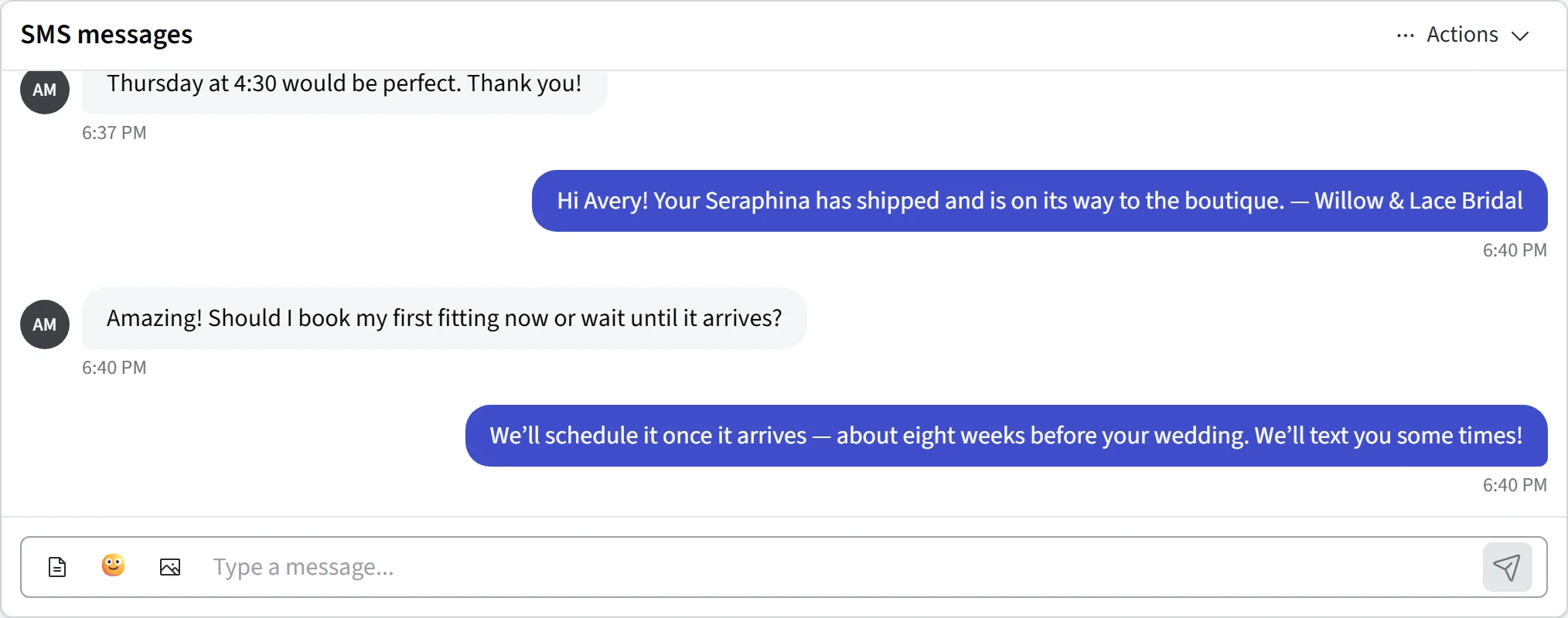 A two-way SMS conversation with the bride on the same record