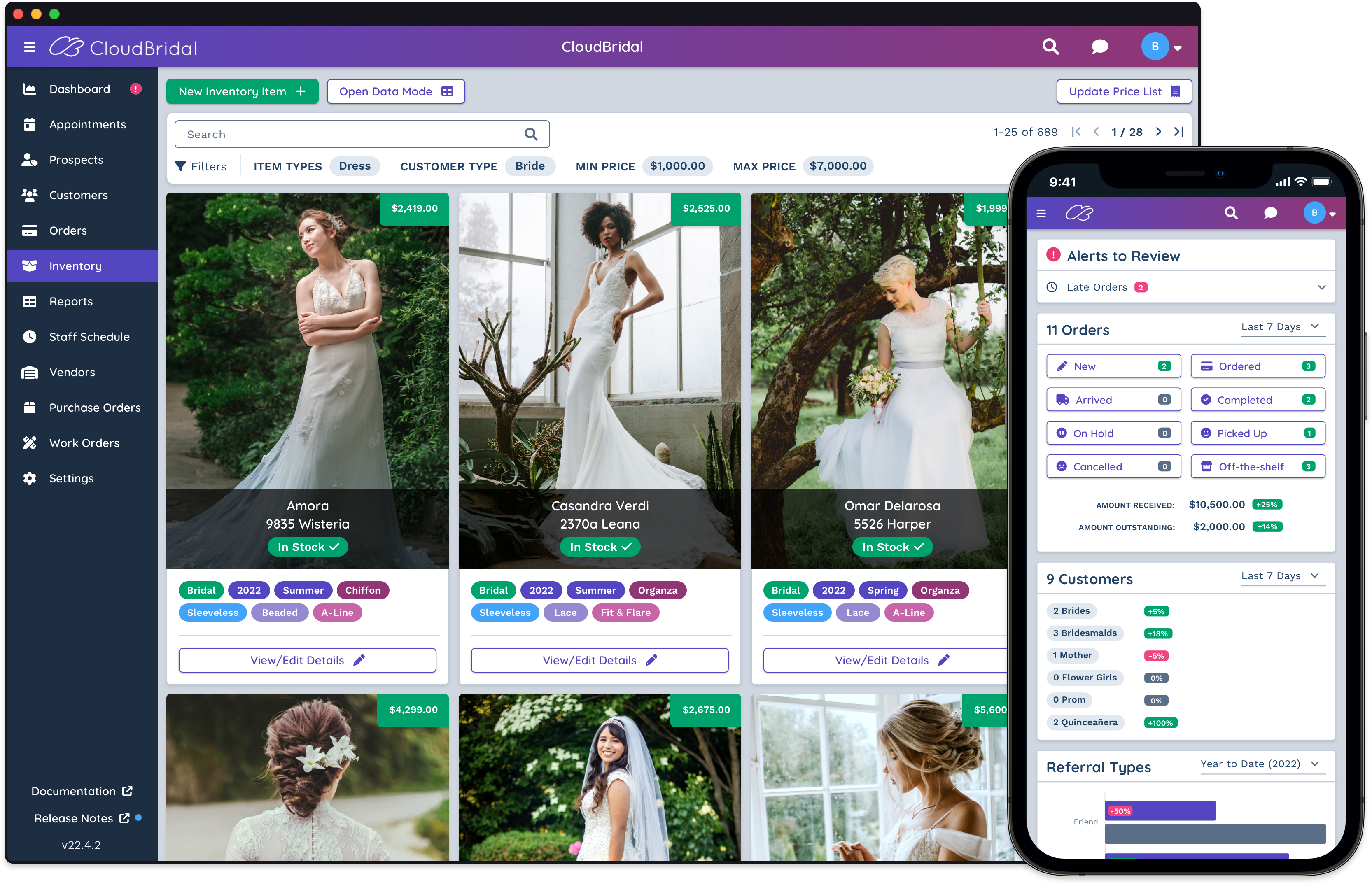 CloudBridal dashboard and mobile view
