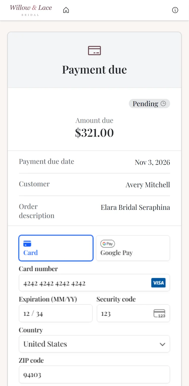 Paying the next installment from the portal on her phone: the amount due, its date, and a secure card form