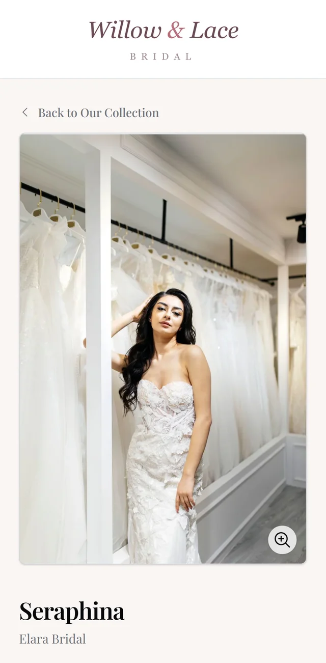The same showcase on a phone, open on a gown with an add-to-favorites button and a book-an-appointment button