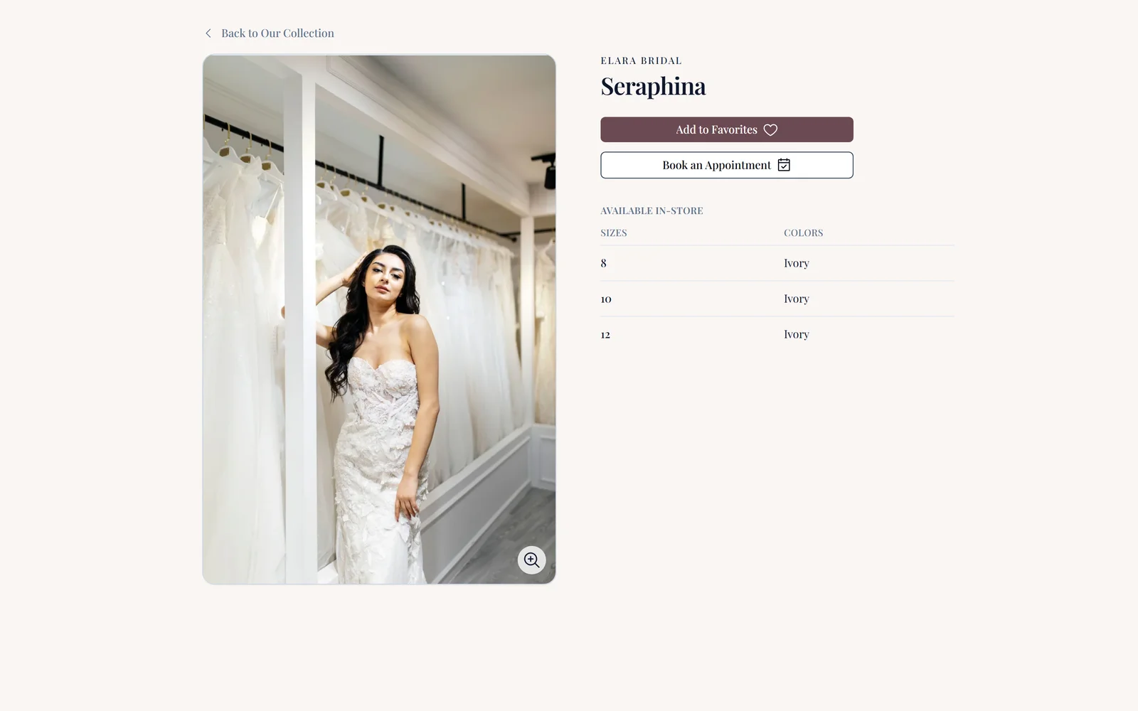 A gown page in the showcase showing the designer, the sizes and colors available in store, and buttons to save it or book an appointment