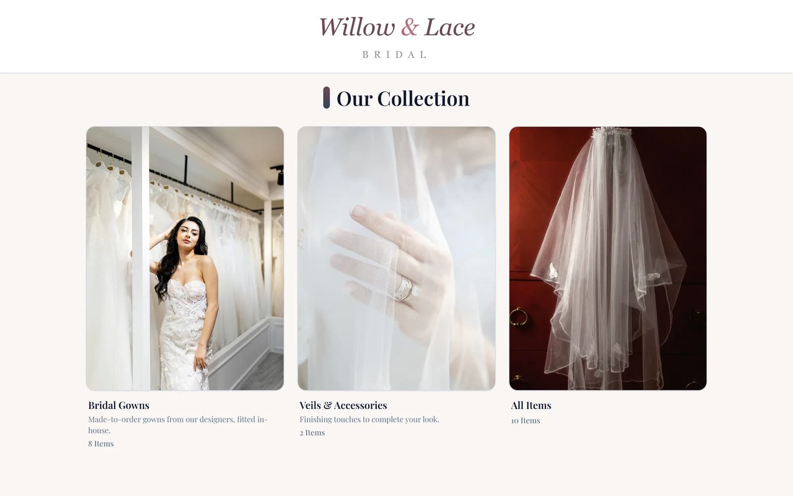A public inventory showcase page with curated collections of bridal gowns and veils, branded with the boutique logo