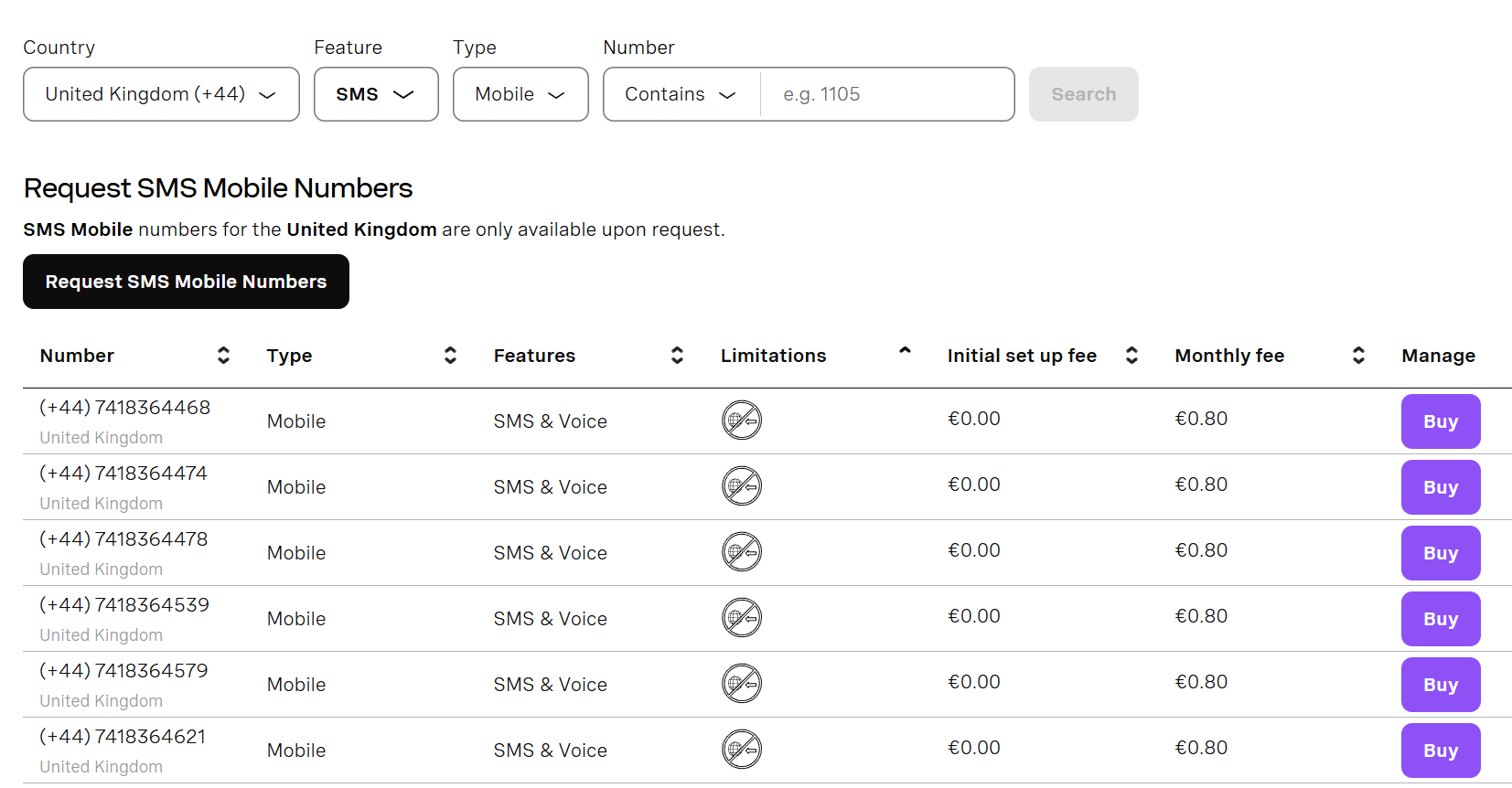 The Vonage Buy Numbers page