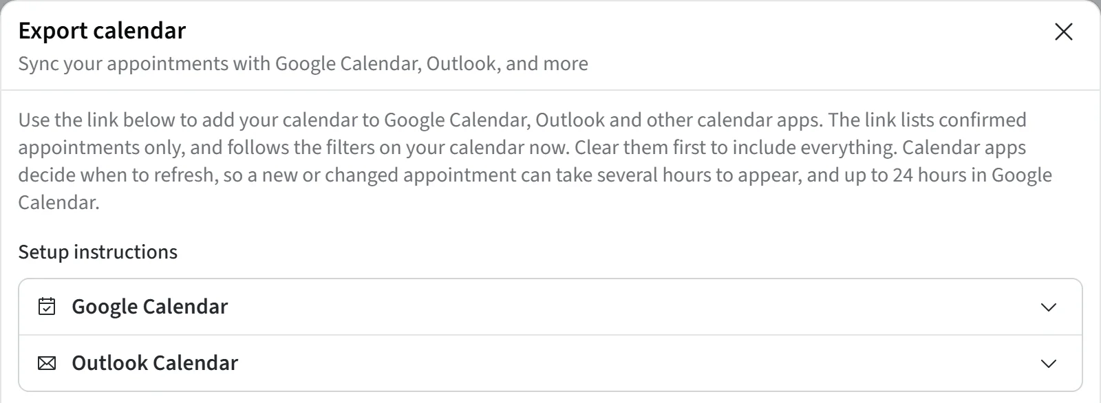 The Export calendar window, with setup instructions for Google Calendar and Outlook above the feed URL