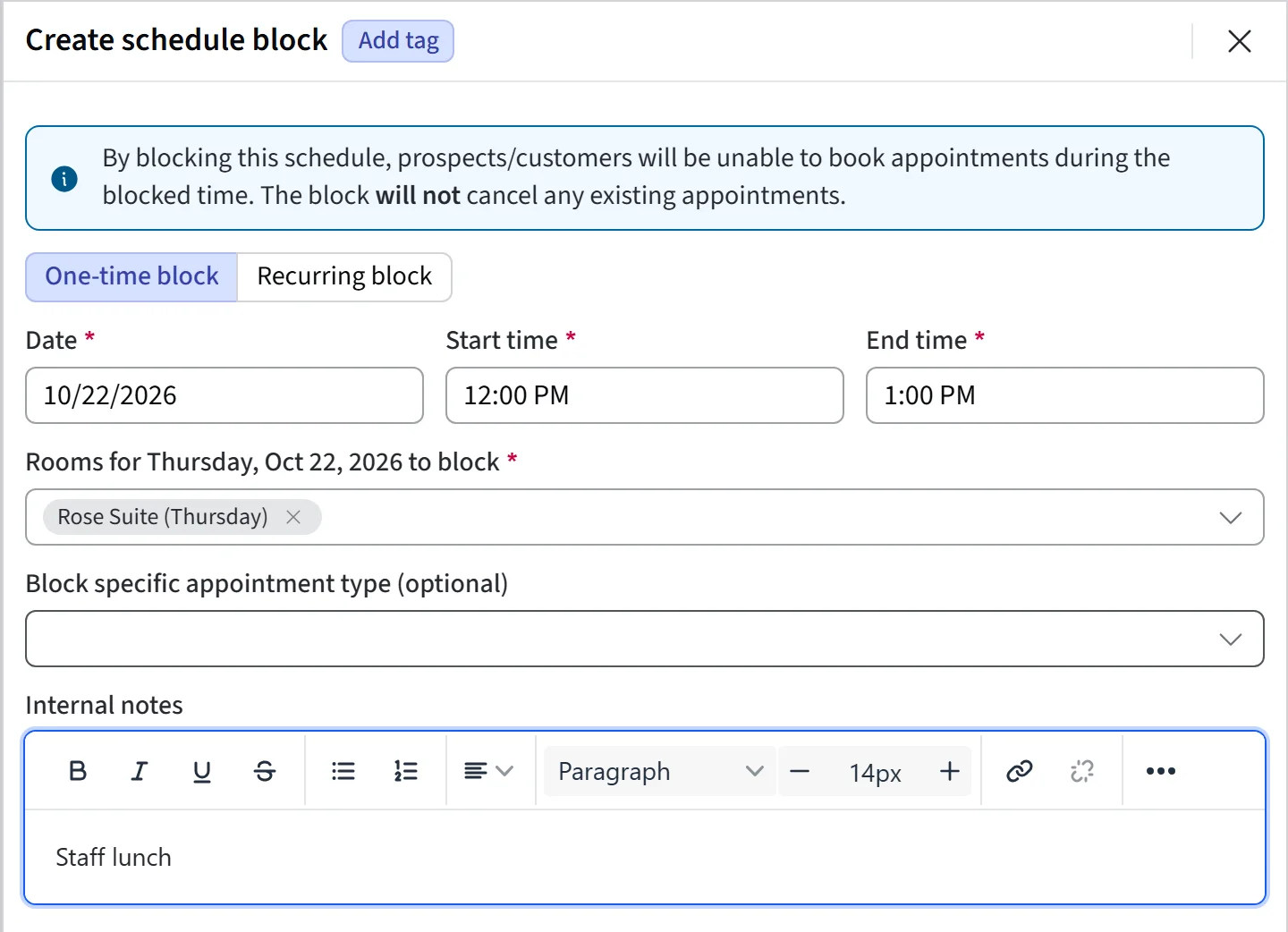A one-time schedule block