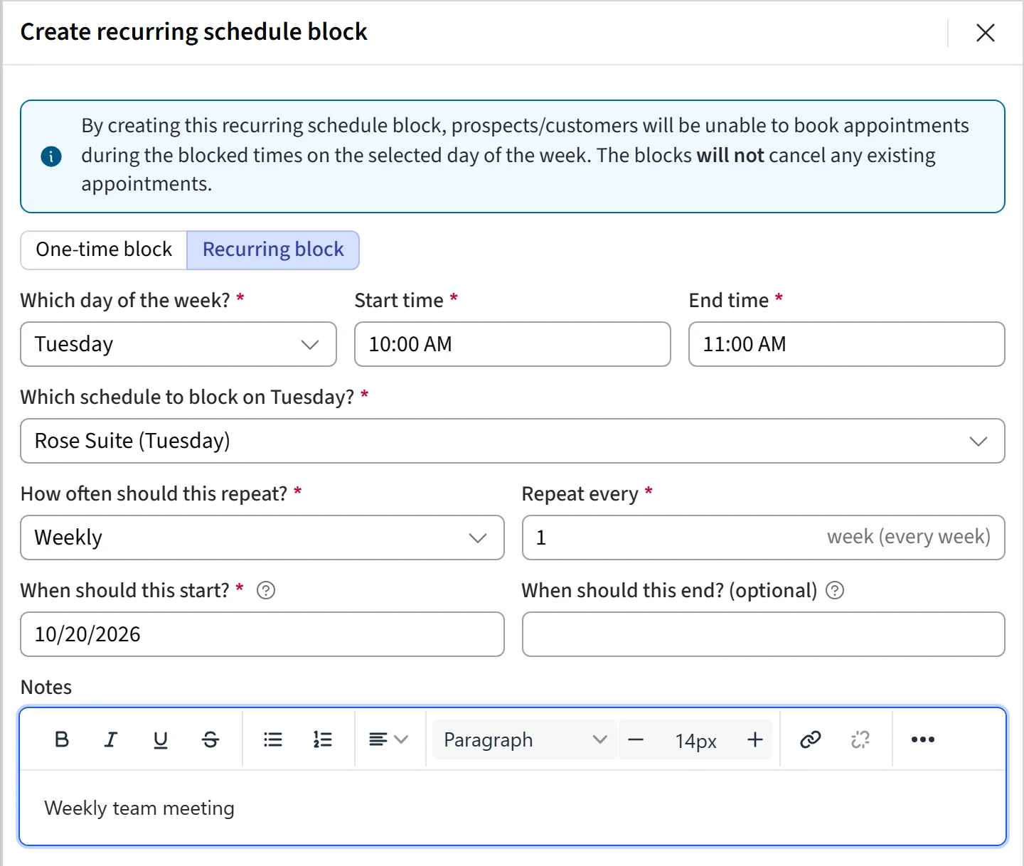 A recurring schedule block
