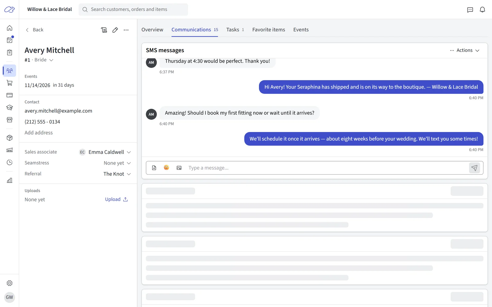 A customer's Communications tab