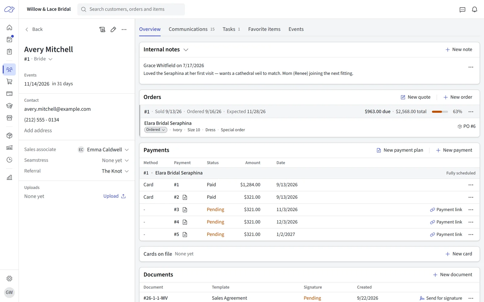 A customer profile, with the info panel on the left and the Overview tab