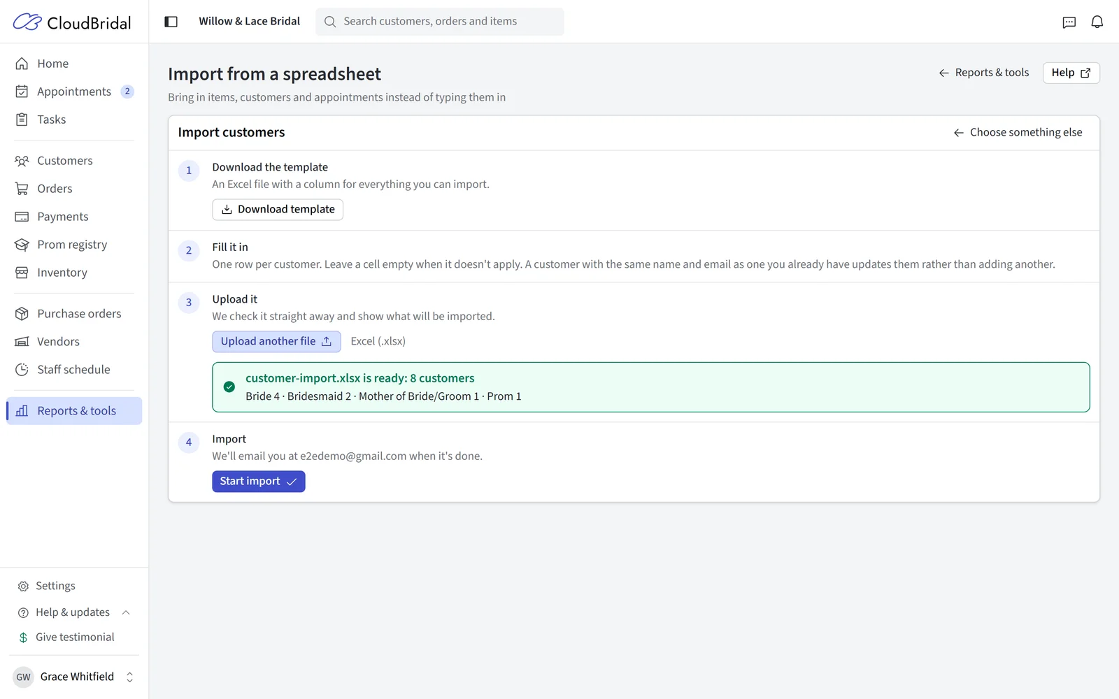 A customer file checked and ready to import