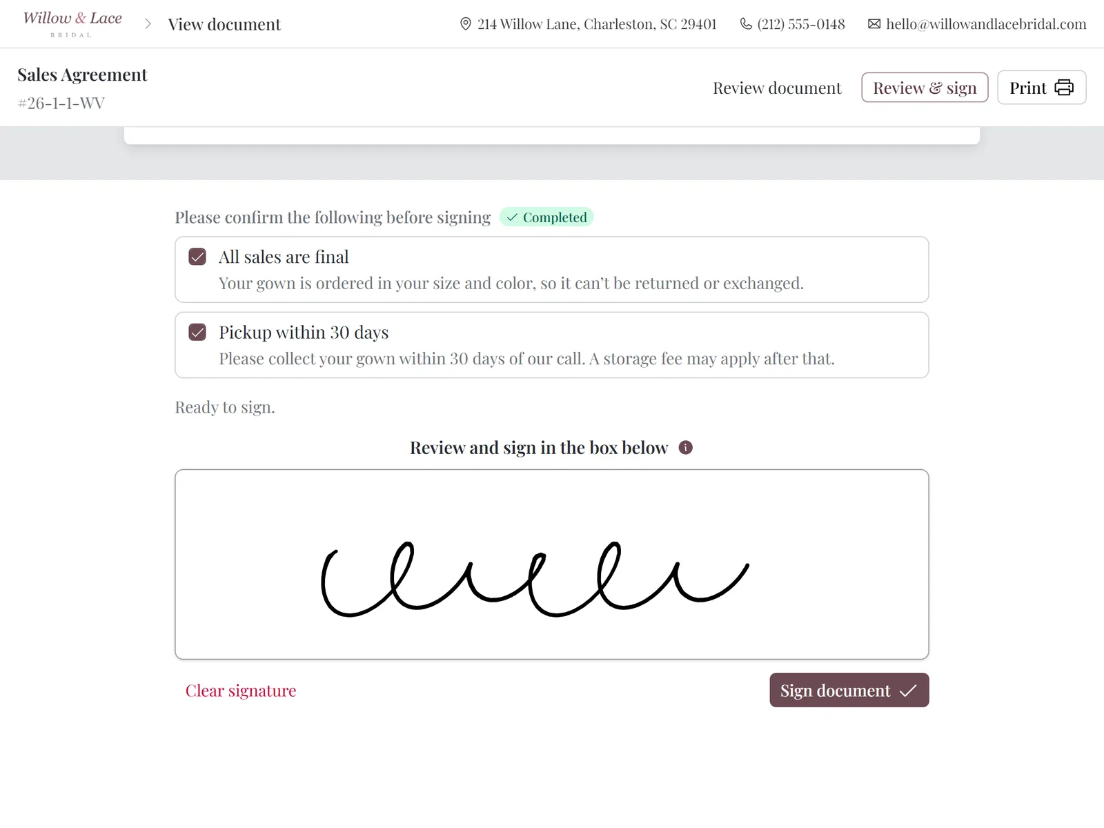 The customer's signing page