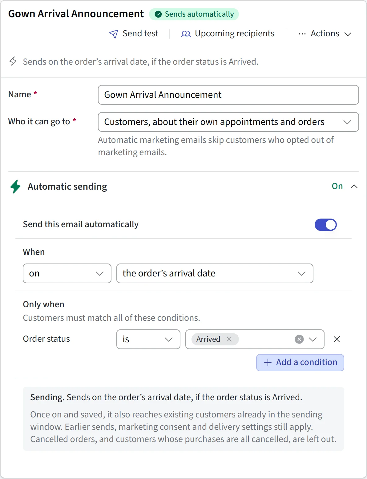 An email that sends automatically when an order arrives