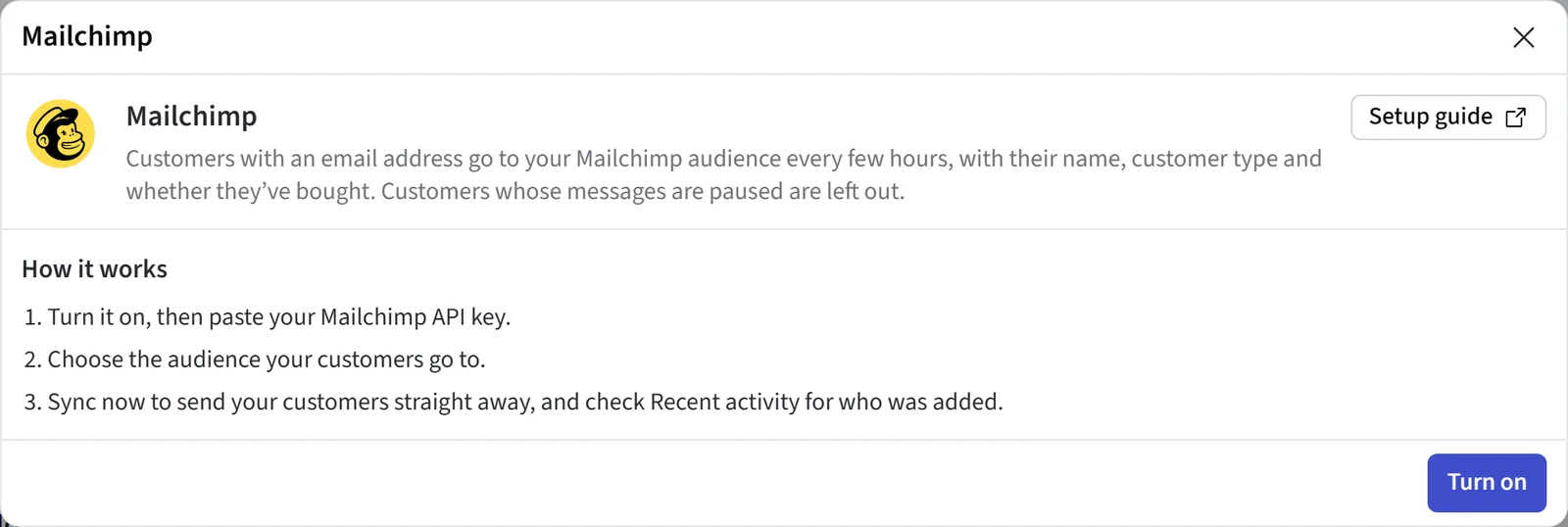 The Mailchimp setup window