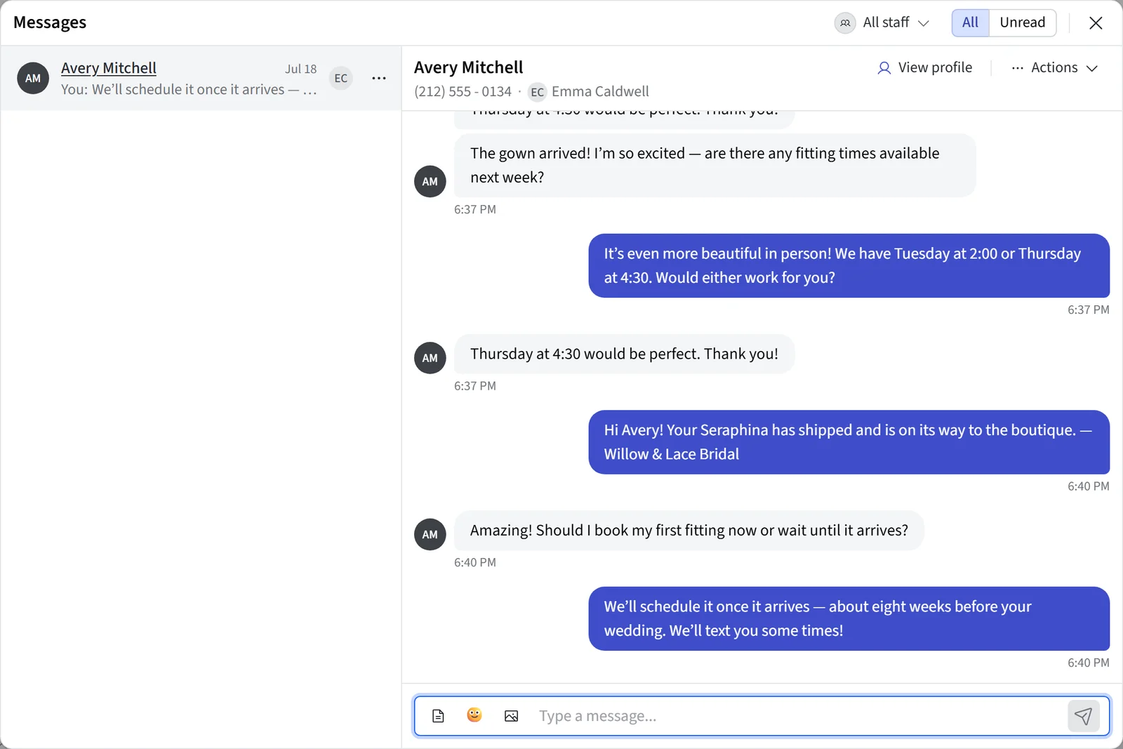 Messages, with a customer's conversation open
